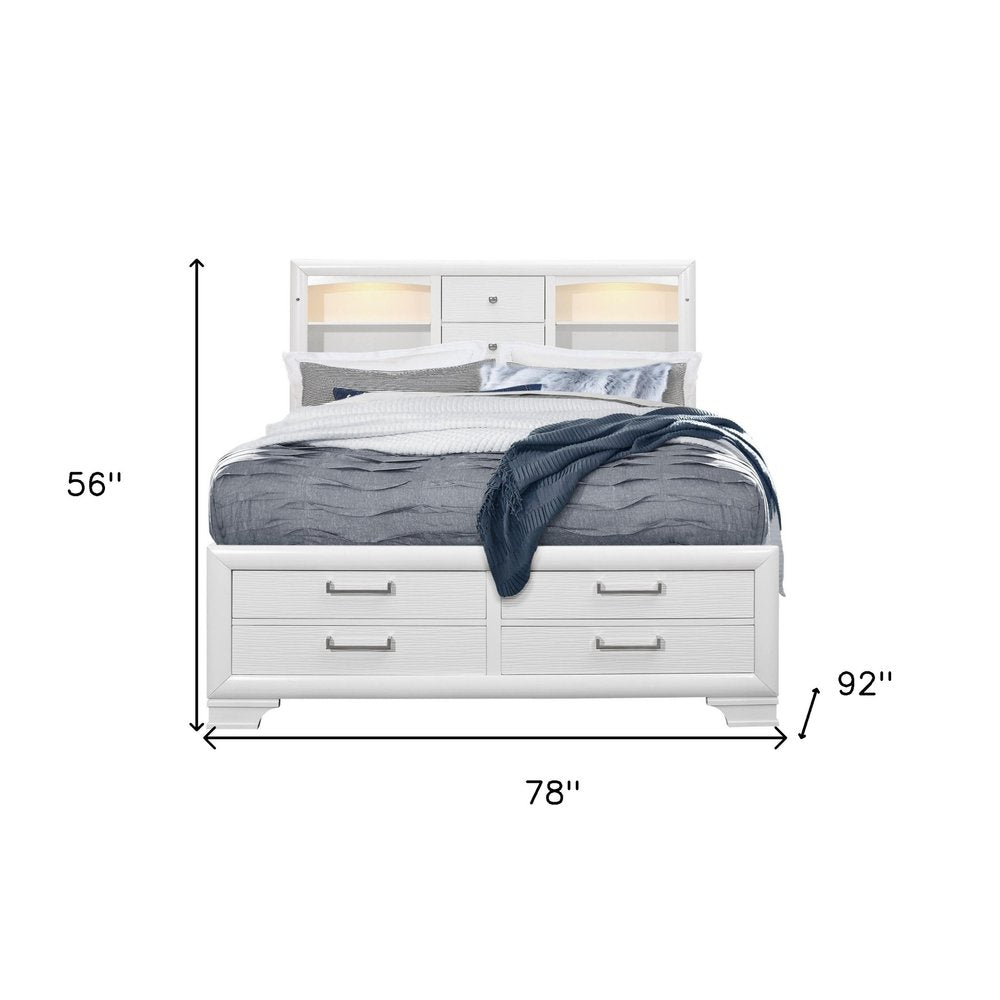 White Solid Wood Lighted King Bed Frame With Drawers on a white background