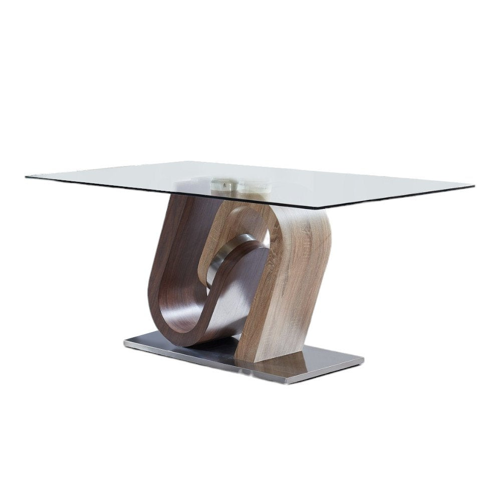 71" Clear And Brown and Silver Glass And Stainless Steel and Manufactured Wood Pedestal Base Dining Table on a white background