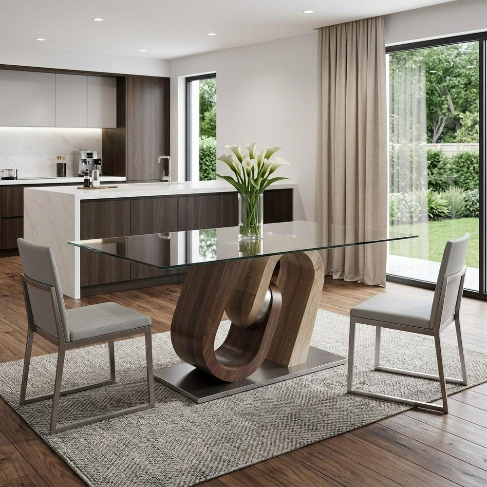71" Clear And Brown and Silver Glass And Stainless Steel and Manufactured Wood Pedestal Base Dining Table