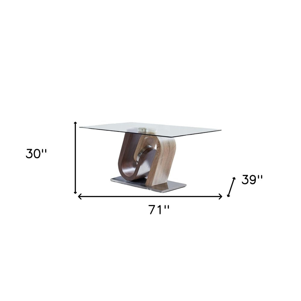 71" Clear And Brown and Silver Glass And Stainless Steel and Manufactured Wood Pedestal Base Dining Table on a white background