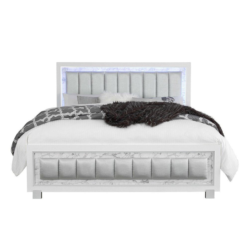 White Solid Wood And Faux Leather Lighted King Bed Frame With No on a white background