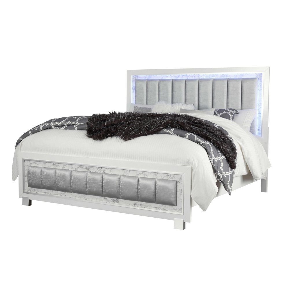 White Solid Wood And Faux Leather Lighted King Bed Frame With No on a white background