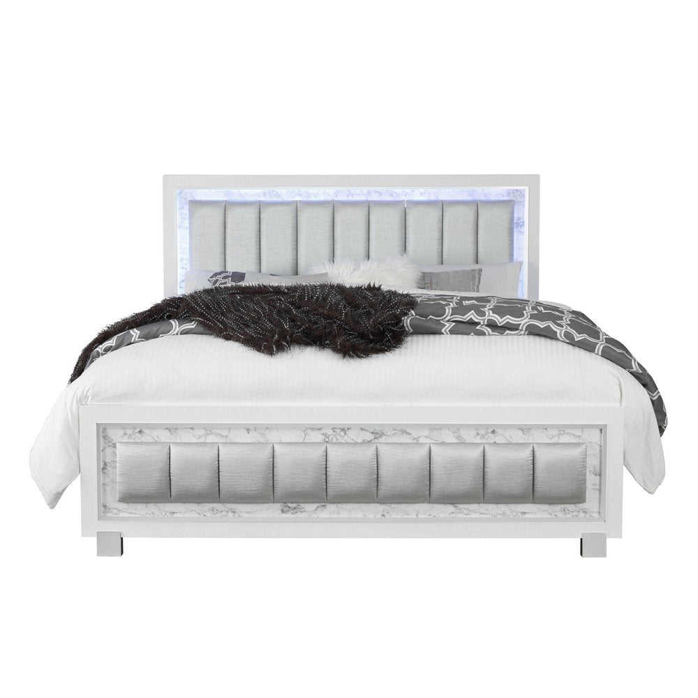 White Solid Wood And Faux Leather Lighted King Bed Frame With No on a white background