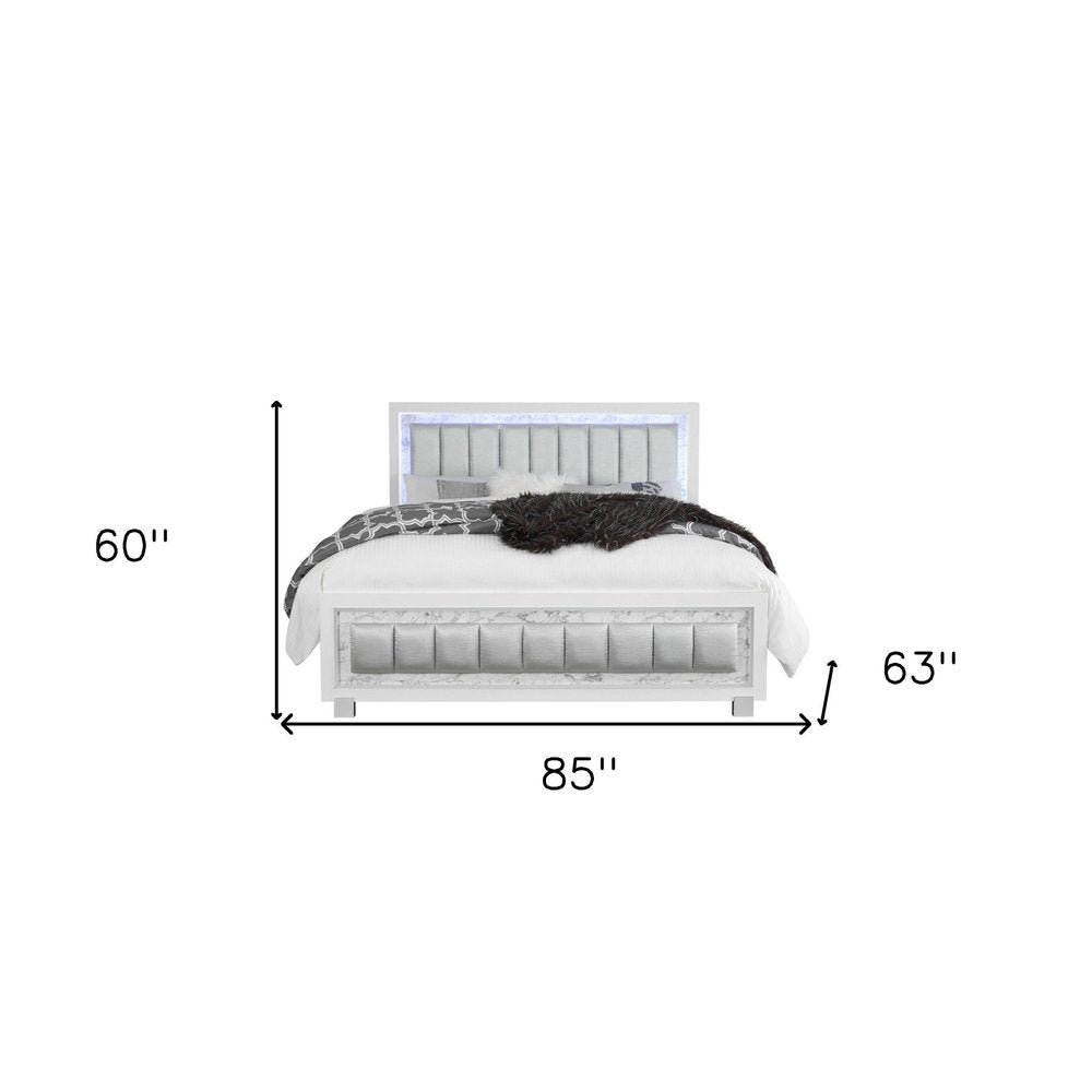 White Solid Wood And Faux Leather Lighted King Bed Frame With No on a white background