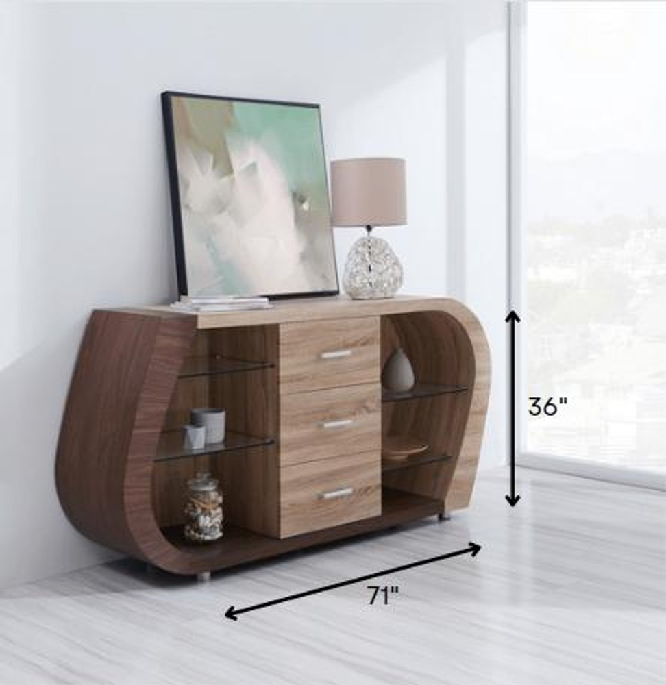 Oak And Walnut Multi Tone Buffet With 3 Drawers on a white background