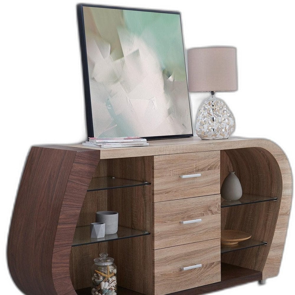 Oak And Walnut Multi Tone Buffet With 3 Drawers on a white background