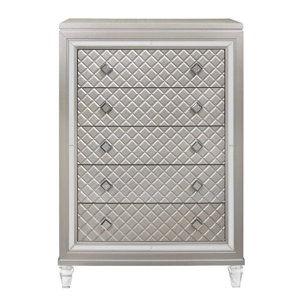 Champagne Toned Chest With Tapered Acrylic Legs And 5 Drawers on a white background