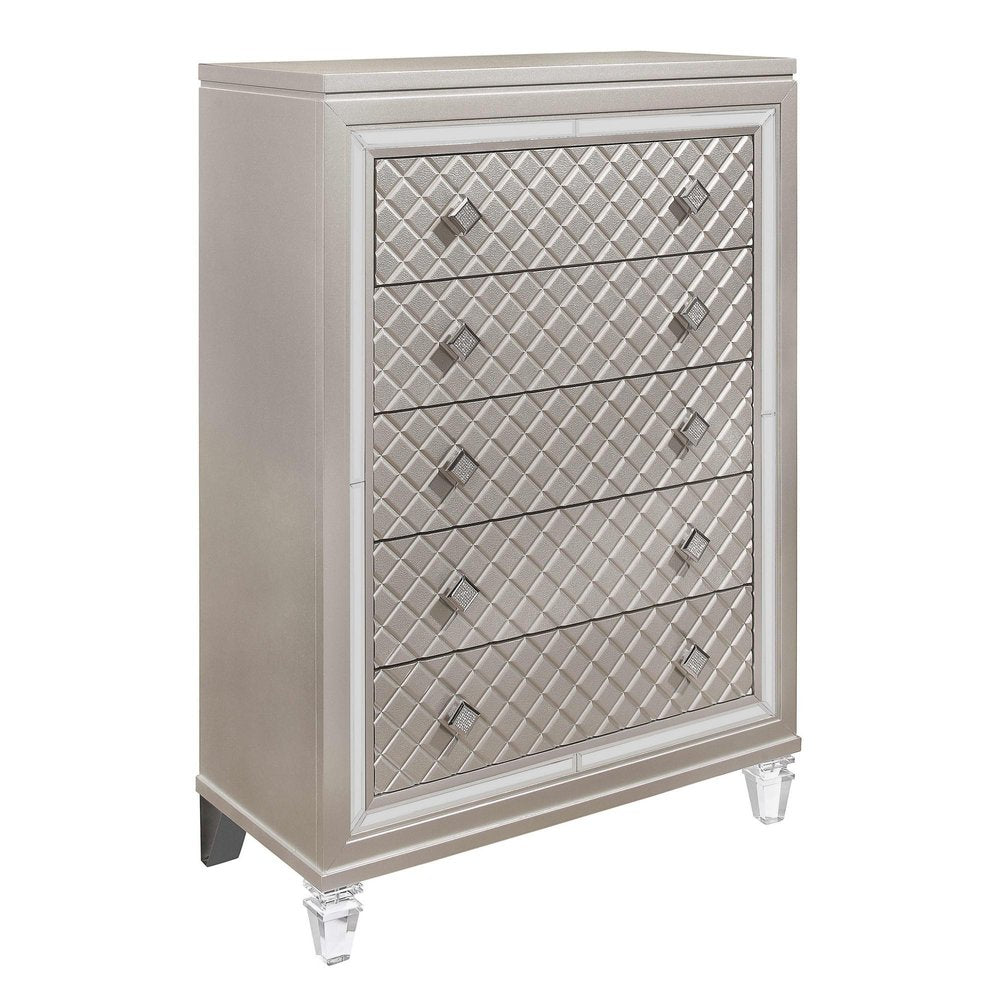 Champagne Toned Chest With Tapered Acrylic Legs And 5 Drawers on a white background