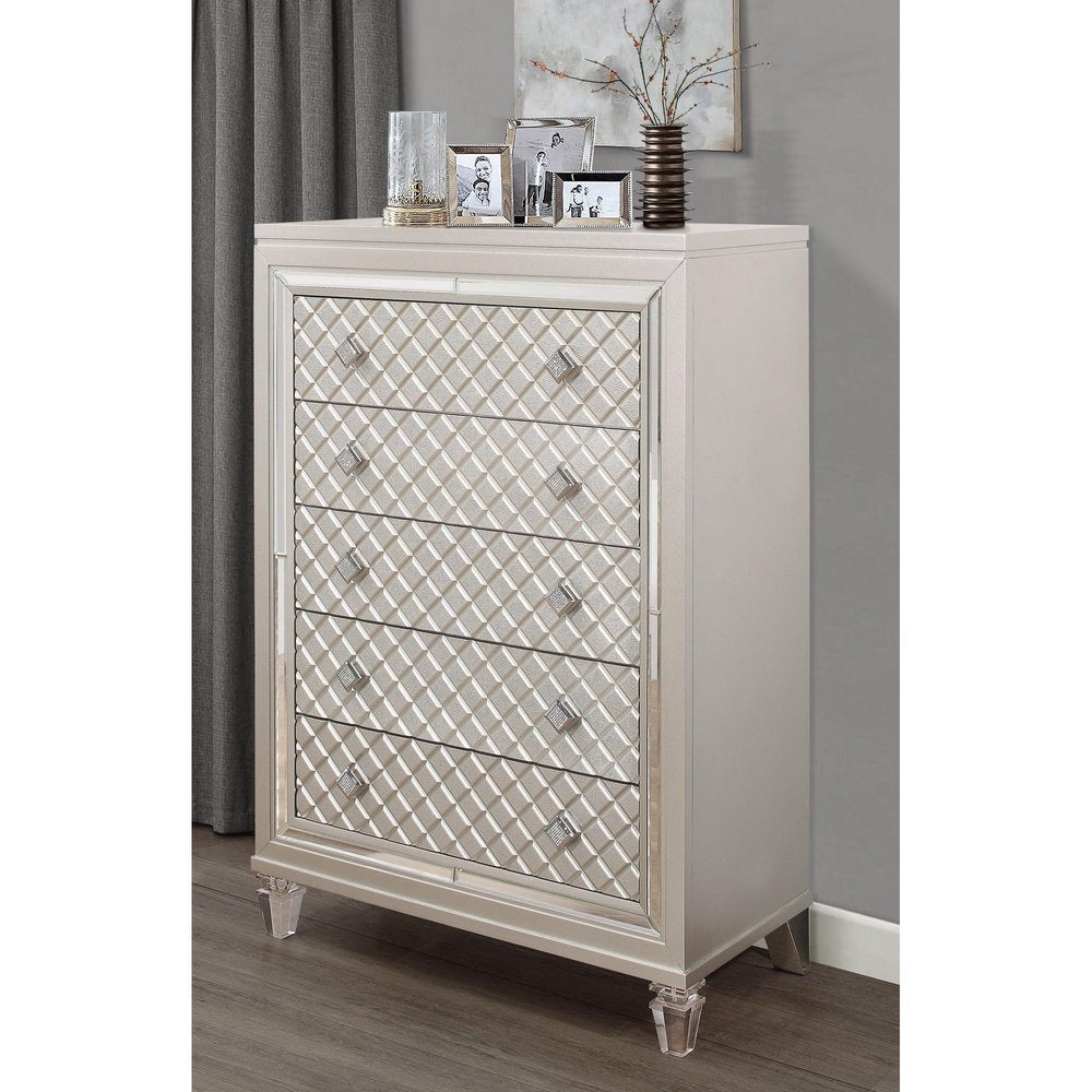 Champagne Toned Chest With Tapered Acrylic Legs And 5 Drawers on a white background