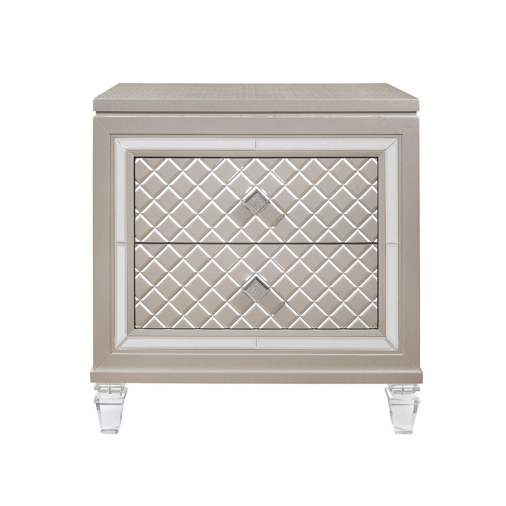26" Solid and Manufactured Wood And Mirrored Glass Nightstand. Nightstands & bedside table isolated on a plain white background, in a light gray glass finish.