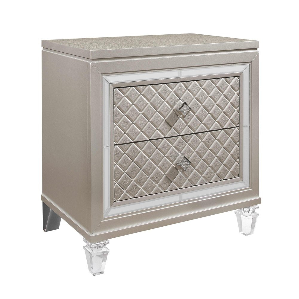 26" Solid and Manufactured Wood And Mirrored Glass Nightstand. Nightstands & bedside table isolated on a plain white background, finished in light gray glass.