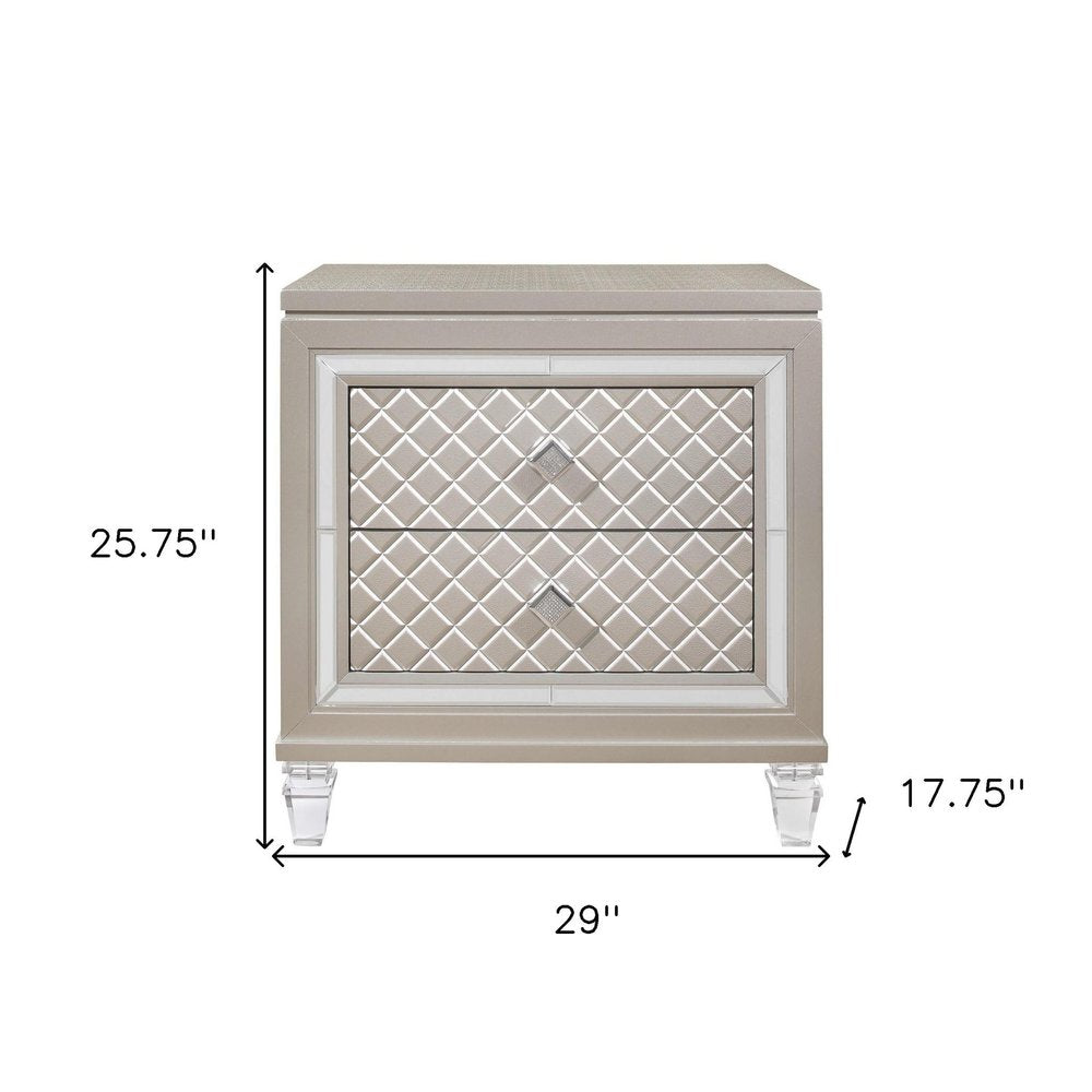 26" Solid and Manufactured Wood And Mirrored Glass Nightstand. Nightstands & bedside table isolated on a plain white background, finished in light gray glass.