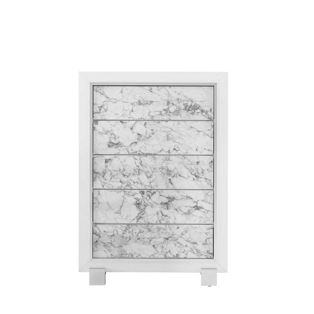 Modern White Chest With 5 Faux Marble Detailed Front Drawer. on a white background