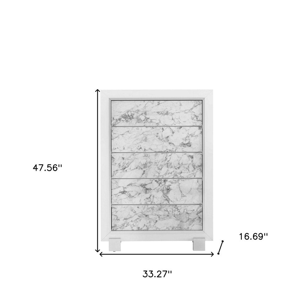 Modern White Chest With 5 Faux Marble Detailed Front Drawer. on a white background