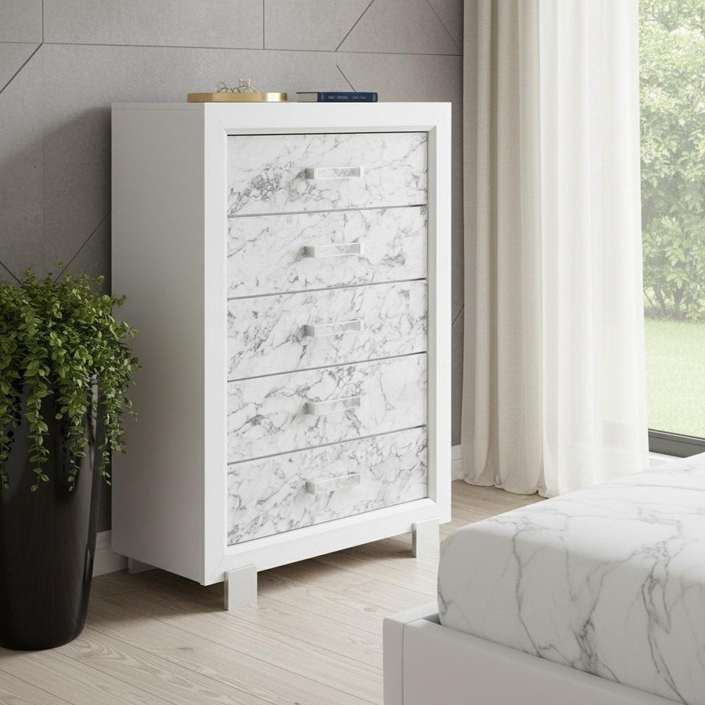Modern White Chest With 5 Faux Marble Detailed Front Drawer. in a home interior