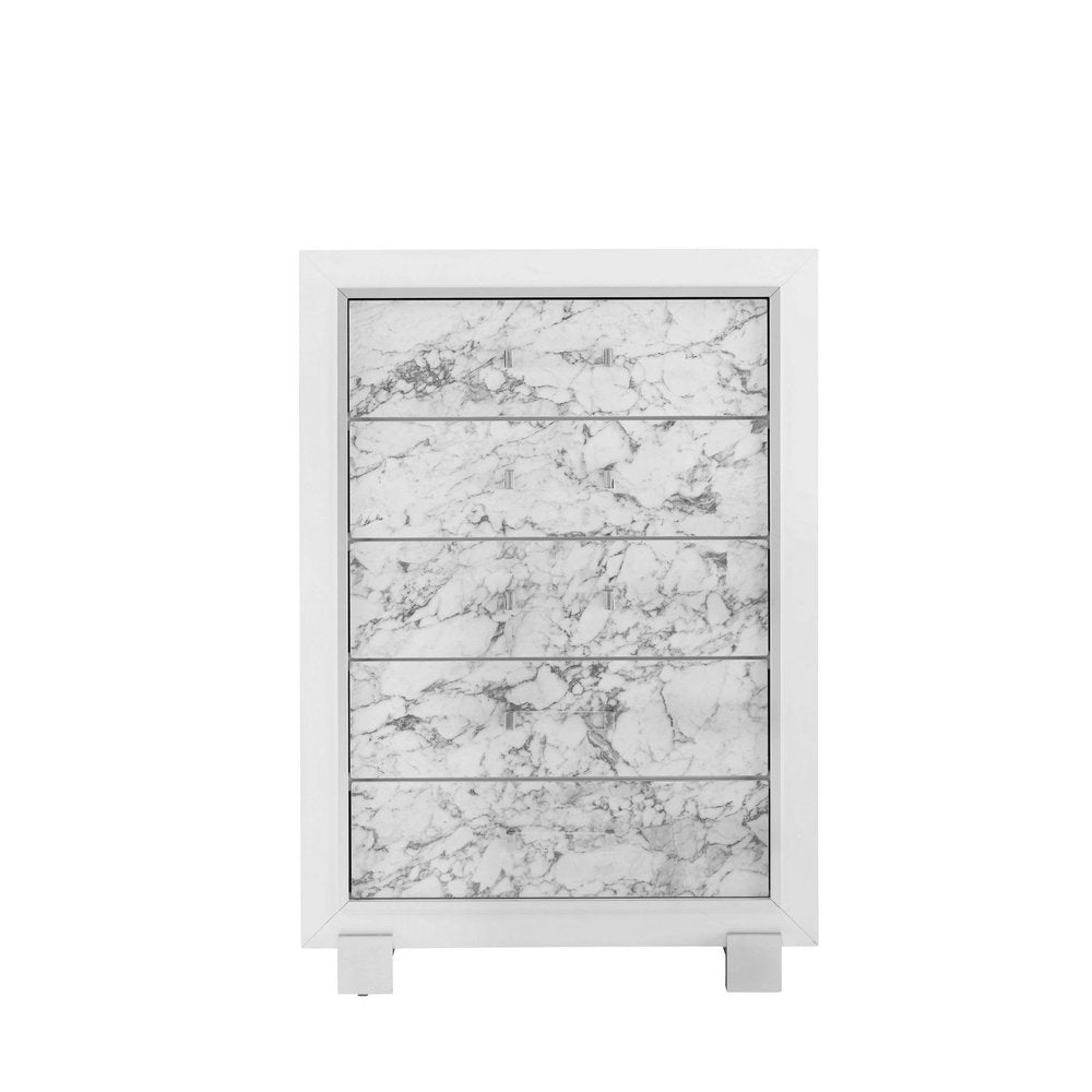 Modern White Chest With 5 Faux Marble Detailed Front Drawer. on a white background
