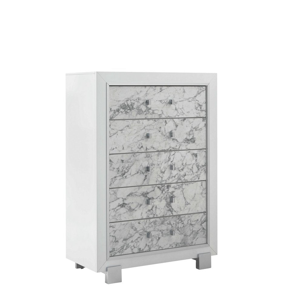Modern White Chest With 5 Faux Marble Detailed Front Drawer. on a white background