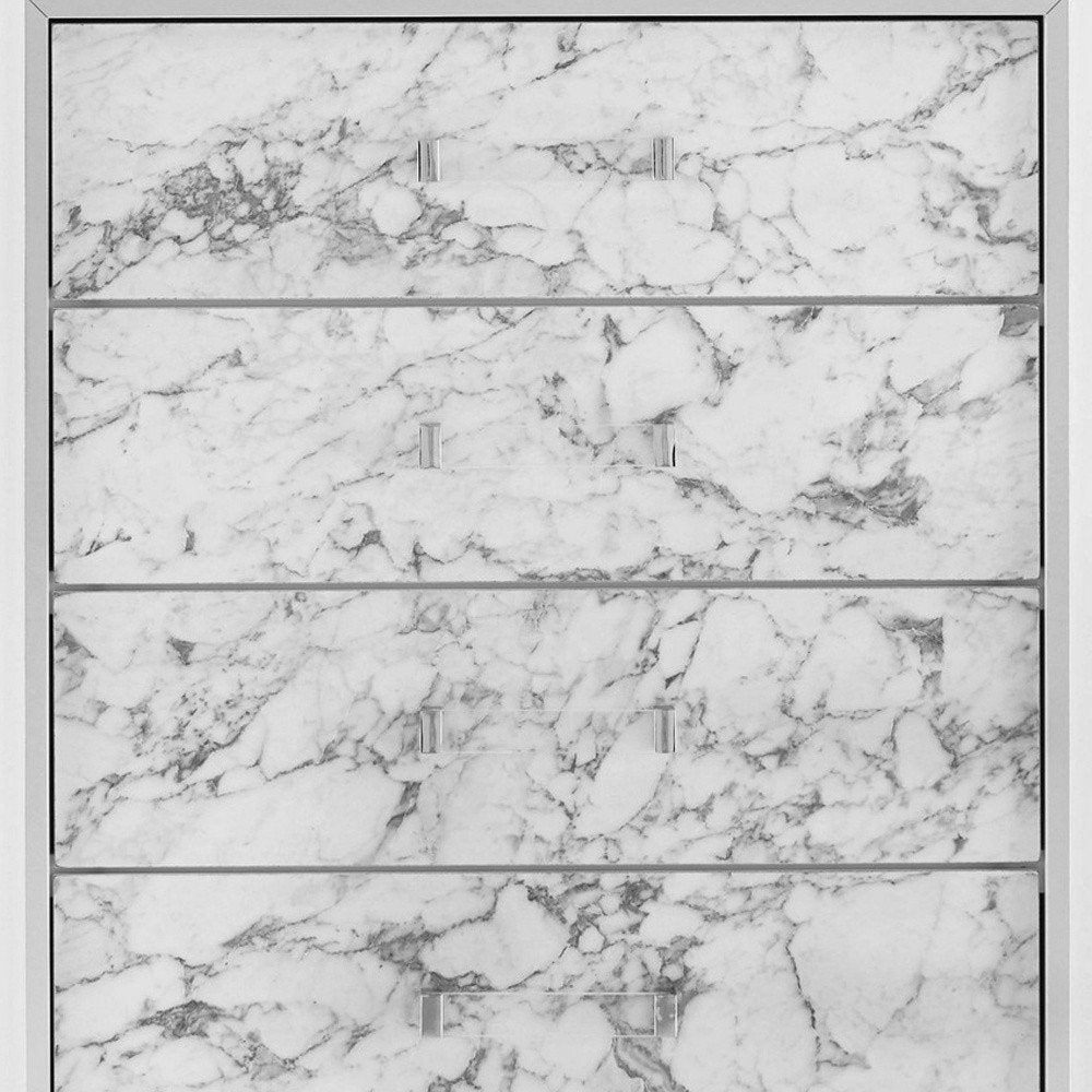 Modern White Chest With 5 Faux Marble Detailed Front Drawer. on a white background