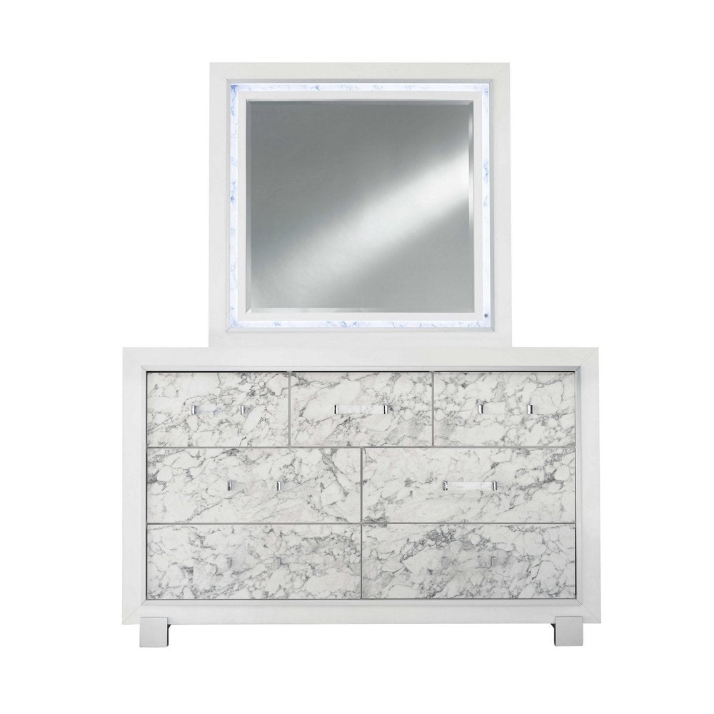 Modern White Chest With 5 Faux Marble Detailed Front Drawer. on a white background