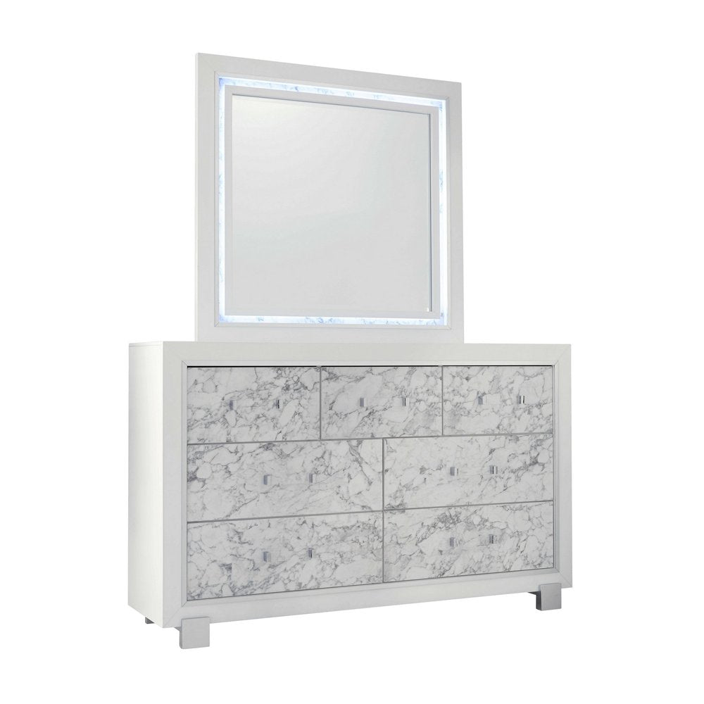 Modern White Chest With 5 Faux Marble Detailed Front Drawer. on a white background