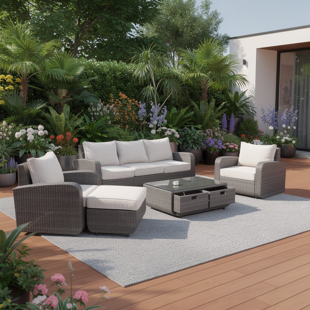 Five Piece Brown and Beige Wicker Sofa Seating Group With Table