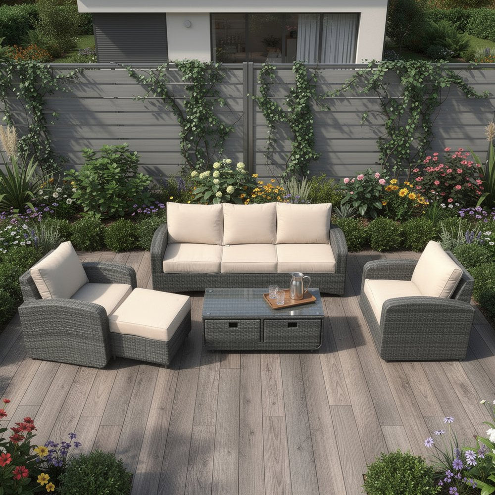 Five Piece Gray and Beige Wicker Sofa Seating Group With Table