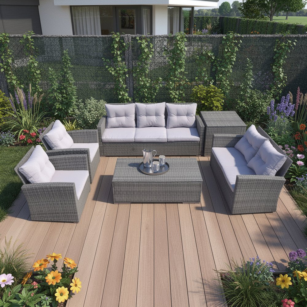 Six Piece Gray Wicker Sofa Seating Group With Table