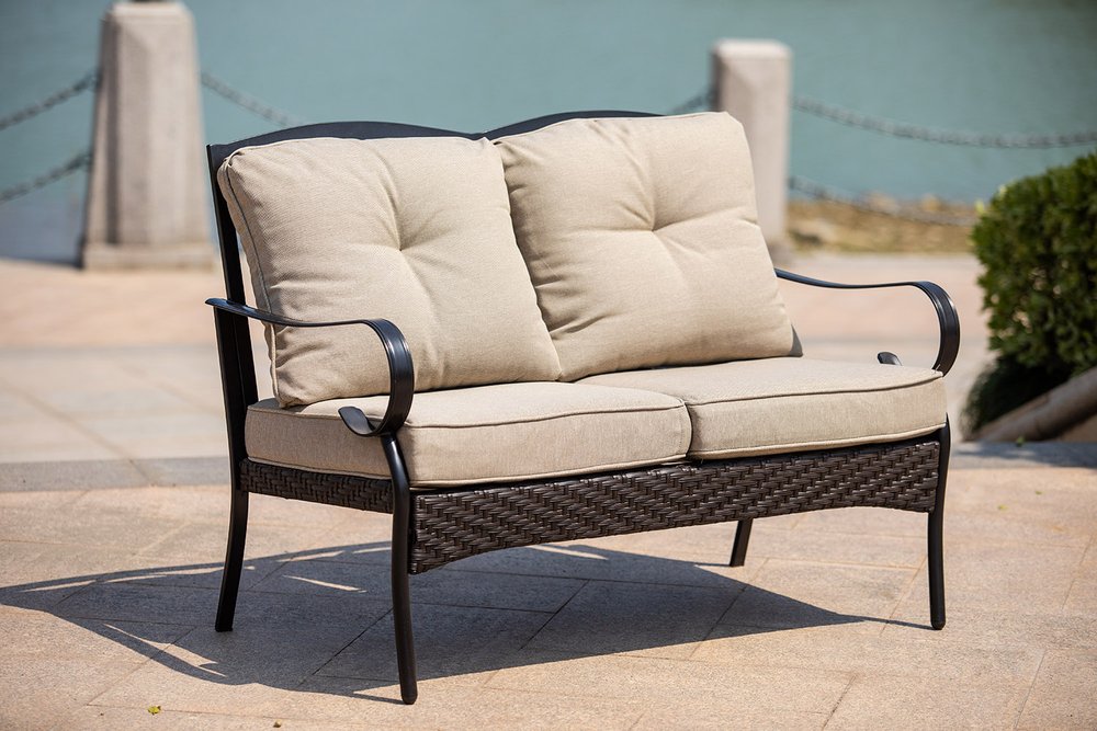 Five Piece Black and Beige Metal Sofa Seating Group With Table
