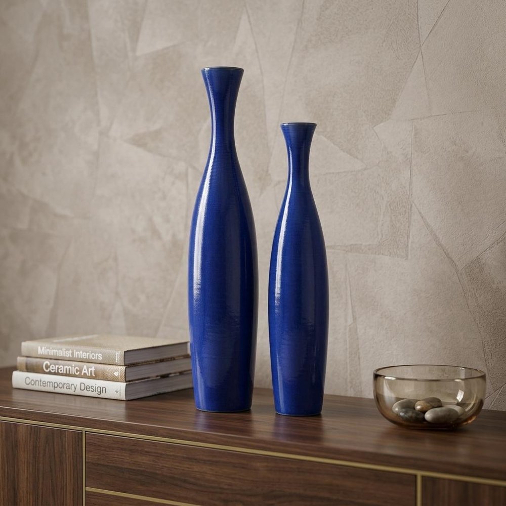 Set of Two Cobalt Cylinder Ceramic Table Vase in a home interior