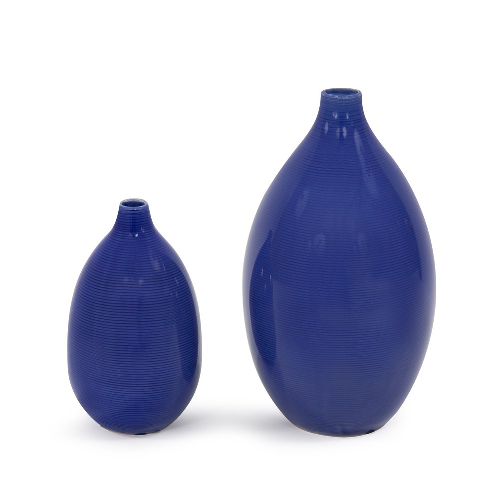Set of Two Cobalt Ceramic Round Table Vases on a white background