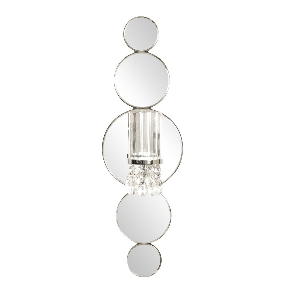 Silver mirrored wall sconce with a clear glass candle holder and crystal accents against a white background.