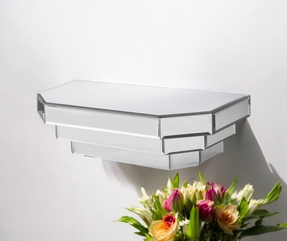 16" Silver Mirrored Glass Hanging Dimensional Floating Shelf. Wall mounted shelve in silver glass.