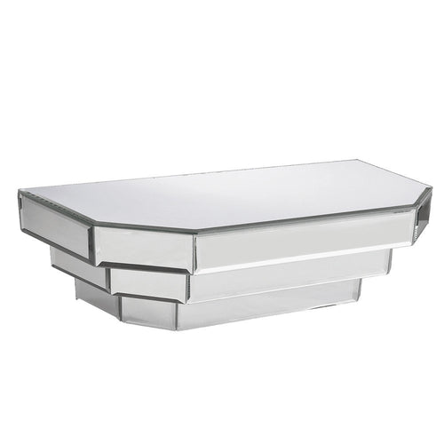 Silver mirrored glass dimensional floating shelf against a white background.