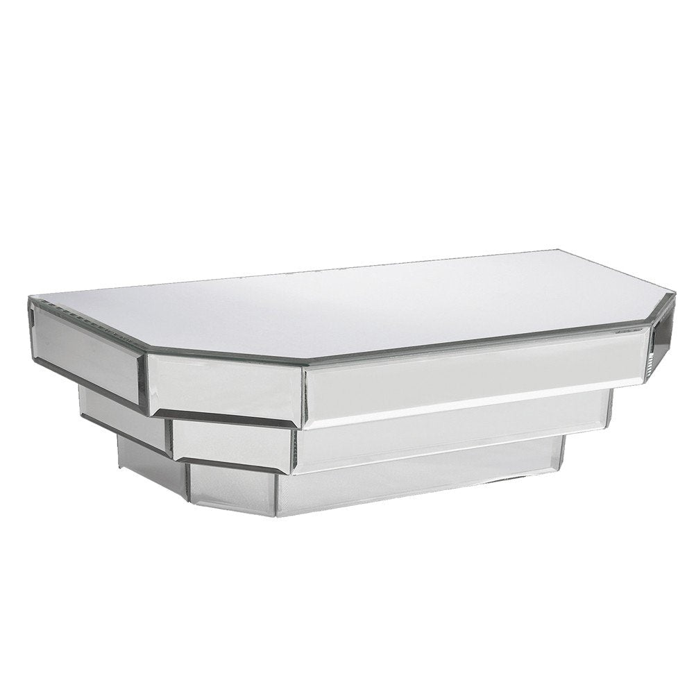 16" Silver Mirrored Glass Hanging Dimensional Floating Shelf. Wall mounted shelve isolated on a plain white background, showing a silver glass surface.