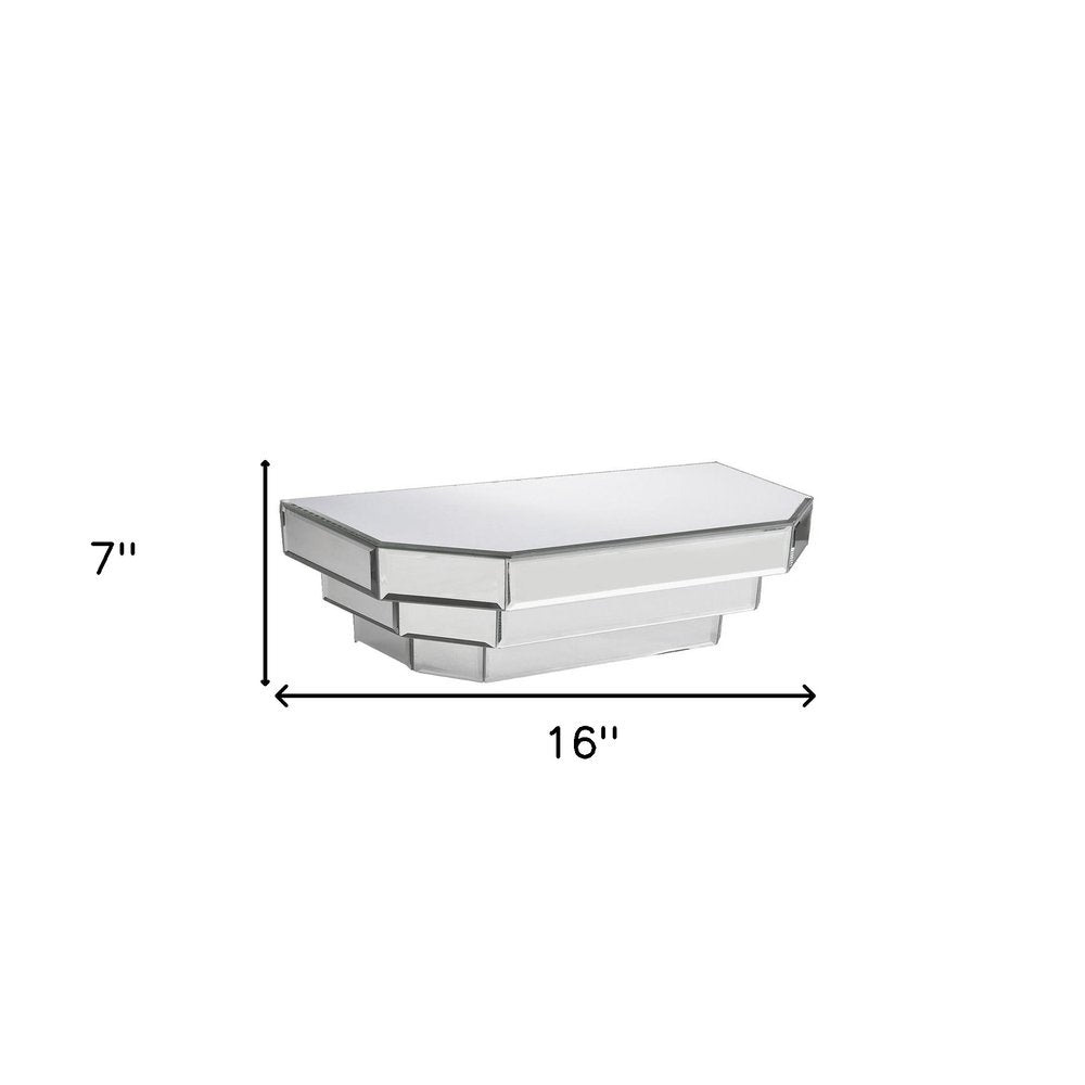 16" Silver Mirrored Glass Hanging Dimensional Floating Shelf. Wall mounted shelve isolated on a plain white background, in a silver glass finish.