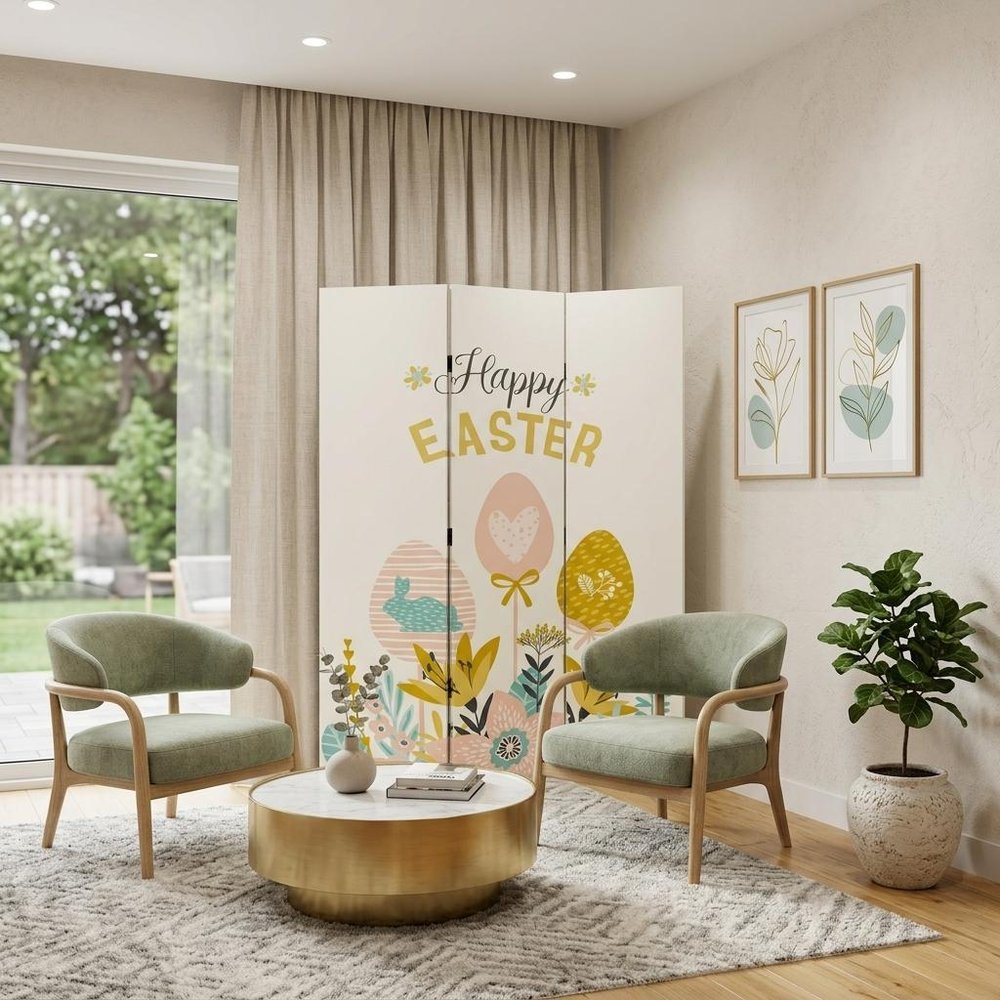 72" Yellow and White Canvas Folding Three Panel Screen Room Divider