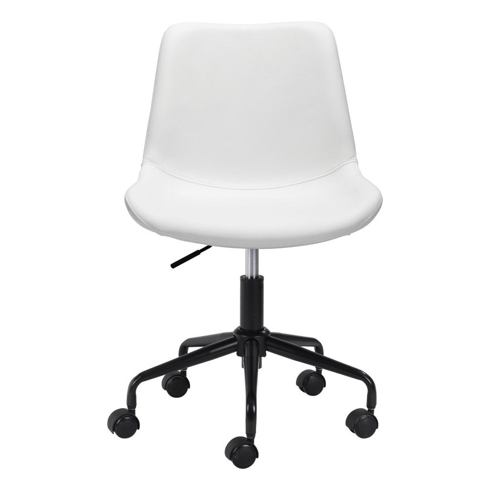 White faux leather adjustable swivel rolling office chair with a black base and wheels on a white background.