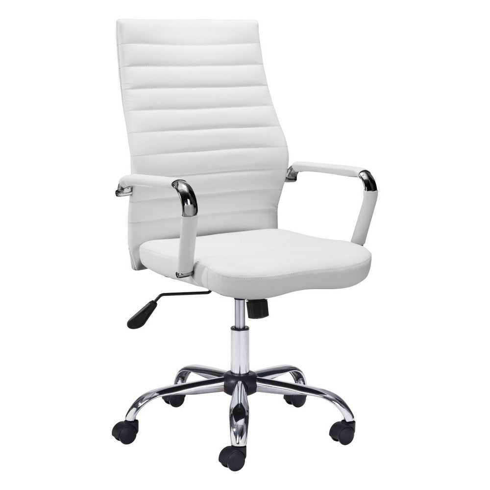White and Silver Adjustable Swivel Faux Leather Rolling Conference Office Chair on a white background