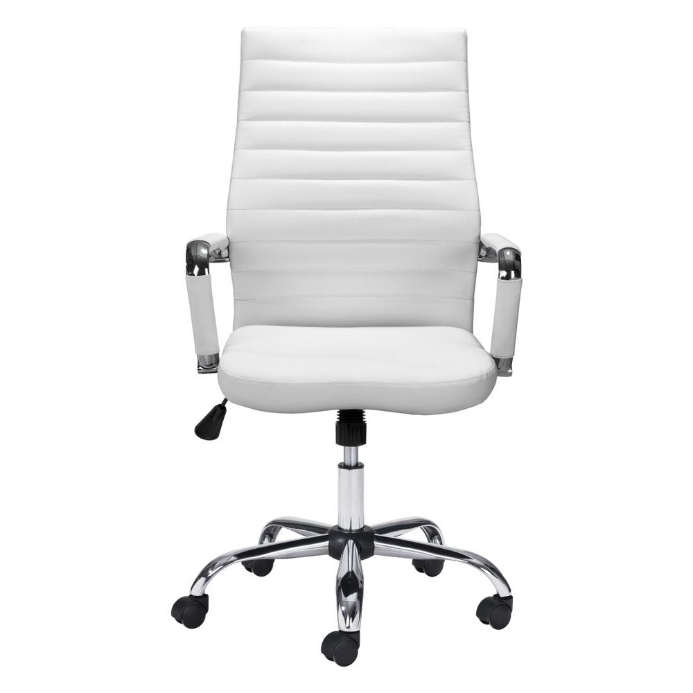 White and Silver Adjustable Swivel Faux Leather Rolling Conference Office Chair on a white background
