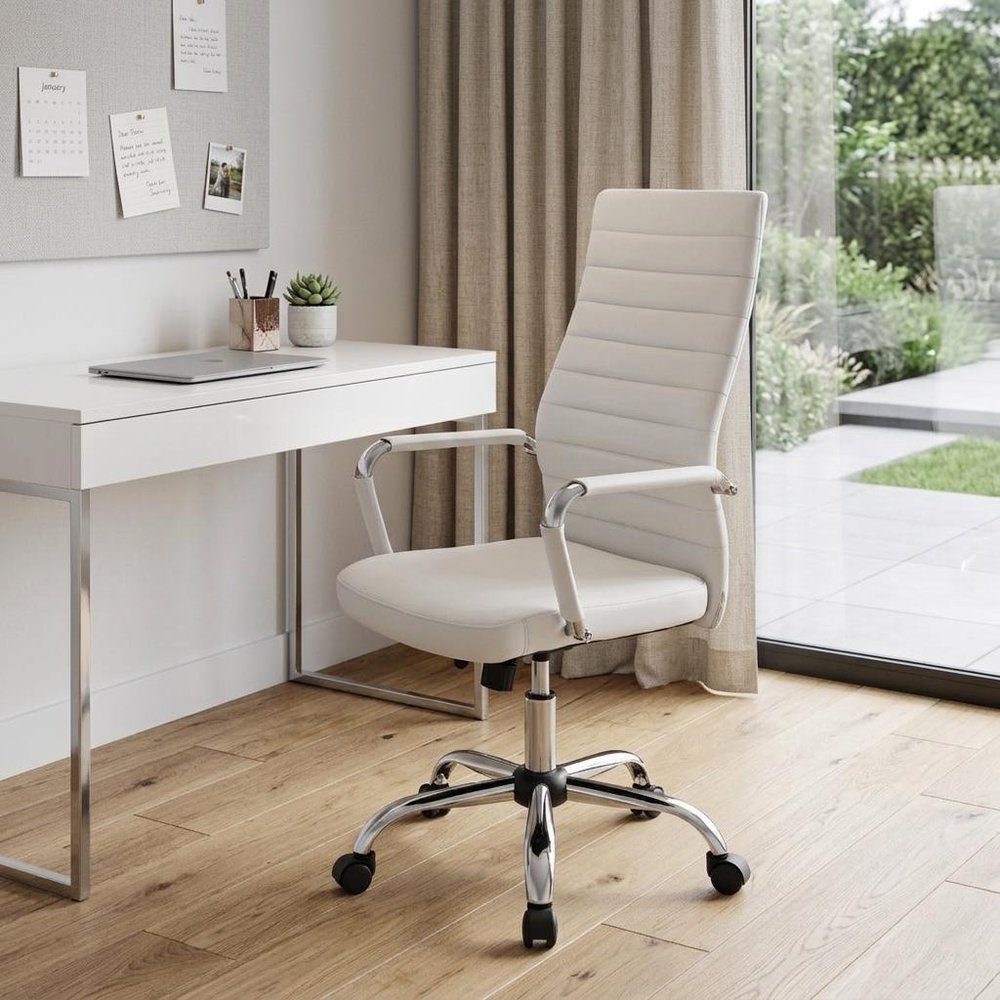 White and Silver Adjustable Swivel Faux Leather Rolling Conference Office Chair in a home interior