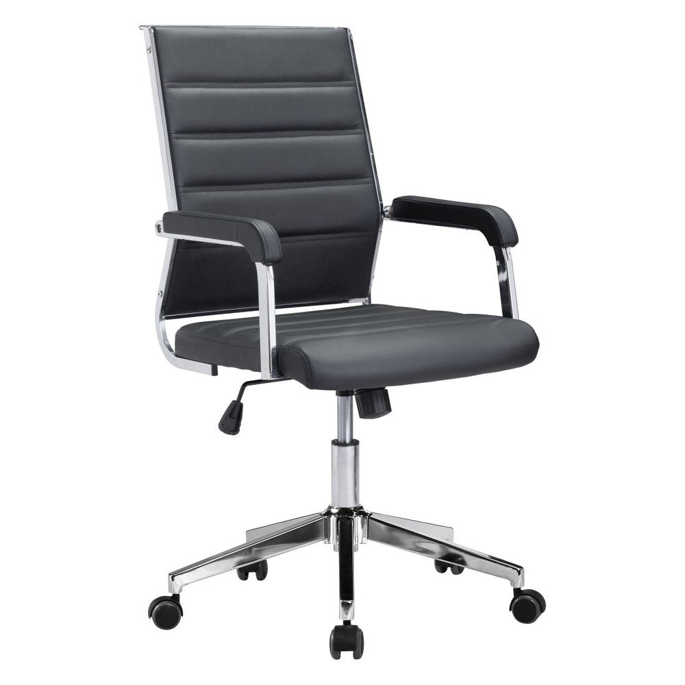 Silver and Black Adjustable Swivel Faux Leather Rolling Conference Office Chair on a white background