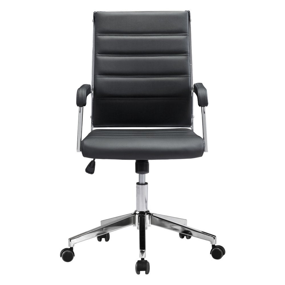 Black faux leather office chair with silver chrome base and wheels on a white background.