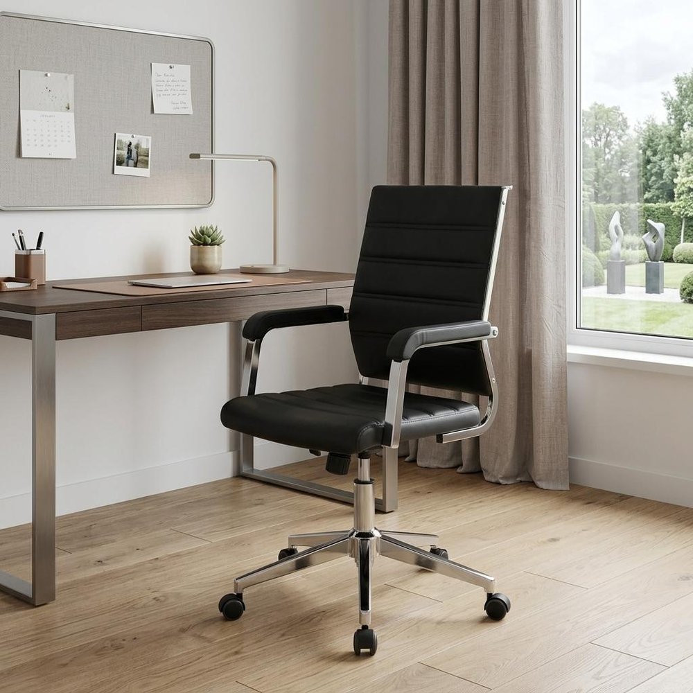 Silver and Black Adjustable Swivel Faux Leather Rolling Conference Office Chair in a home interior