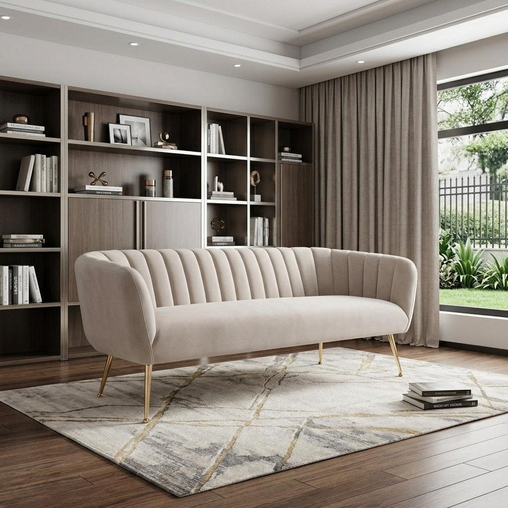 70" Beige Velvet Sofa With Gold Legs