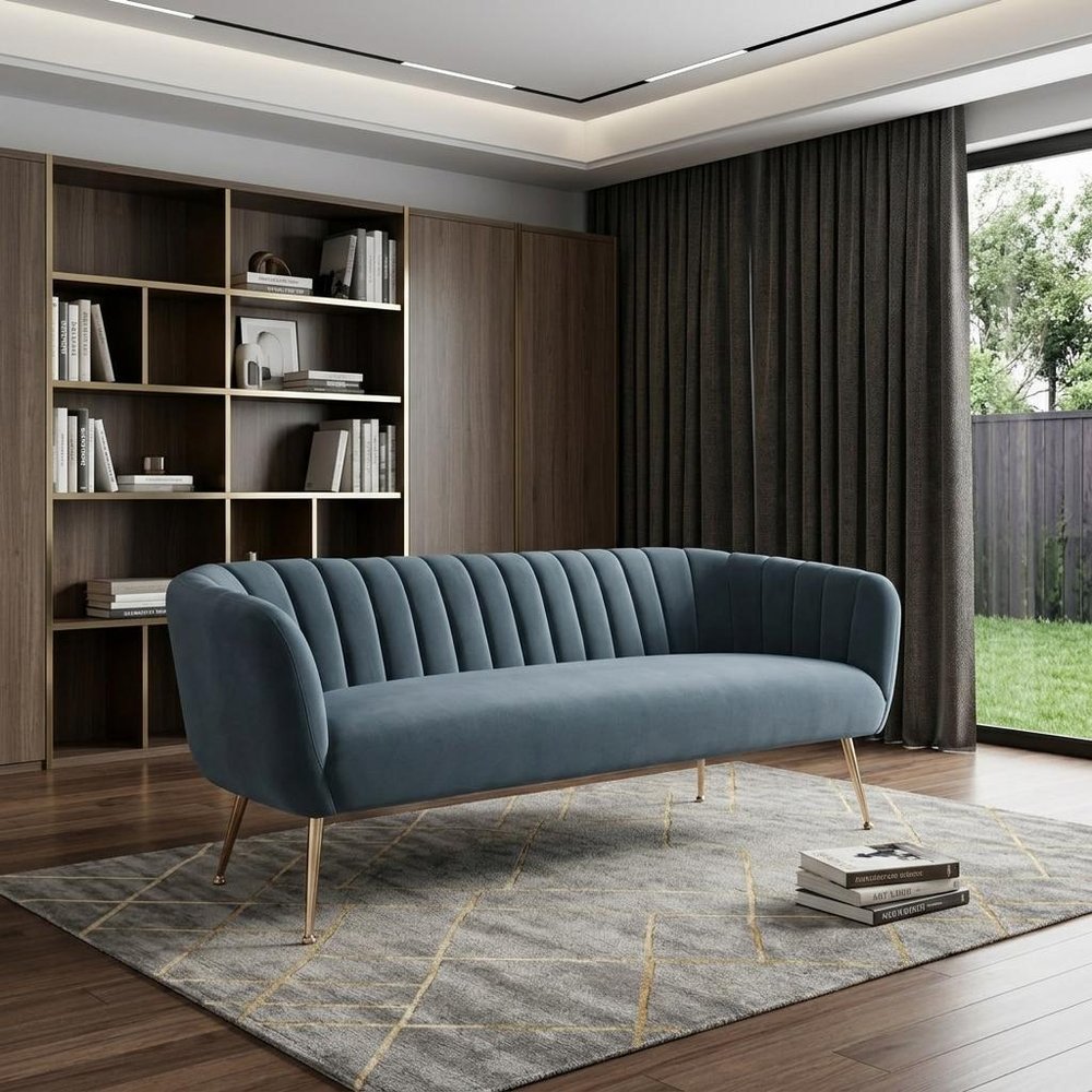 70" Gray Velvet Sofa With Gold Legs