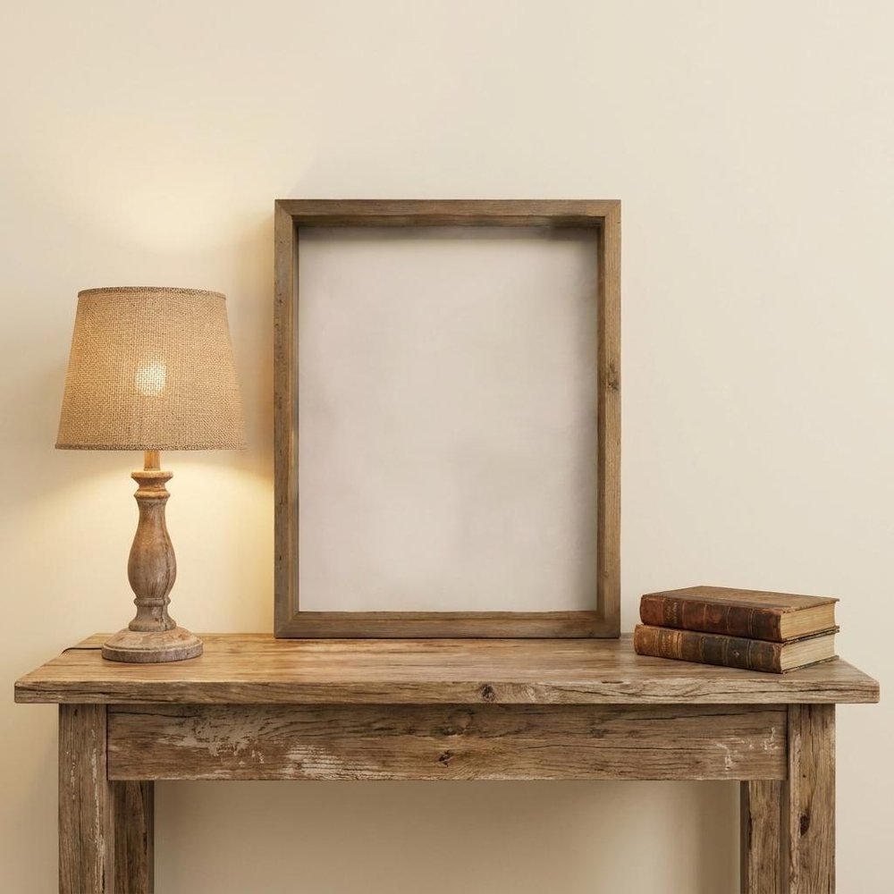 6" x 6" Gray Solid Wood Tabletop Picture Frame - 11.00" H x 11.00" W x 3.00" D styled in a furnished interior with a cream wall on a wood floor.