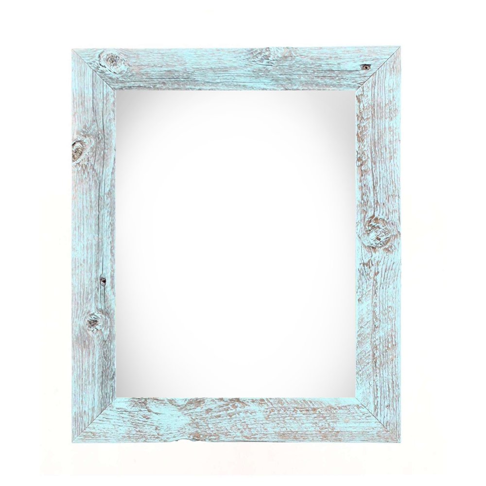 Rectangular blue distressed solid wood tabletop picture frame on a white background.