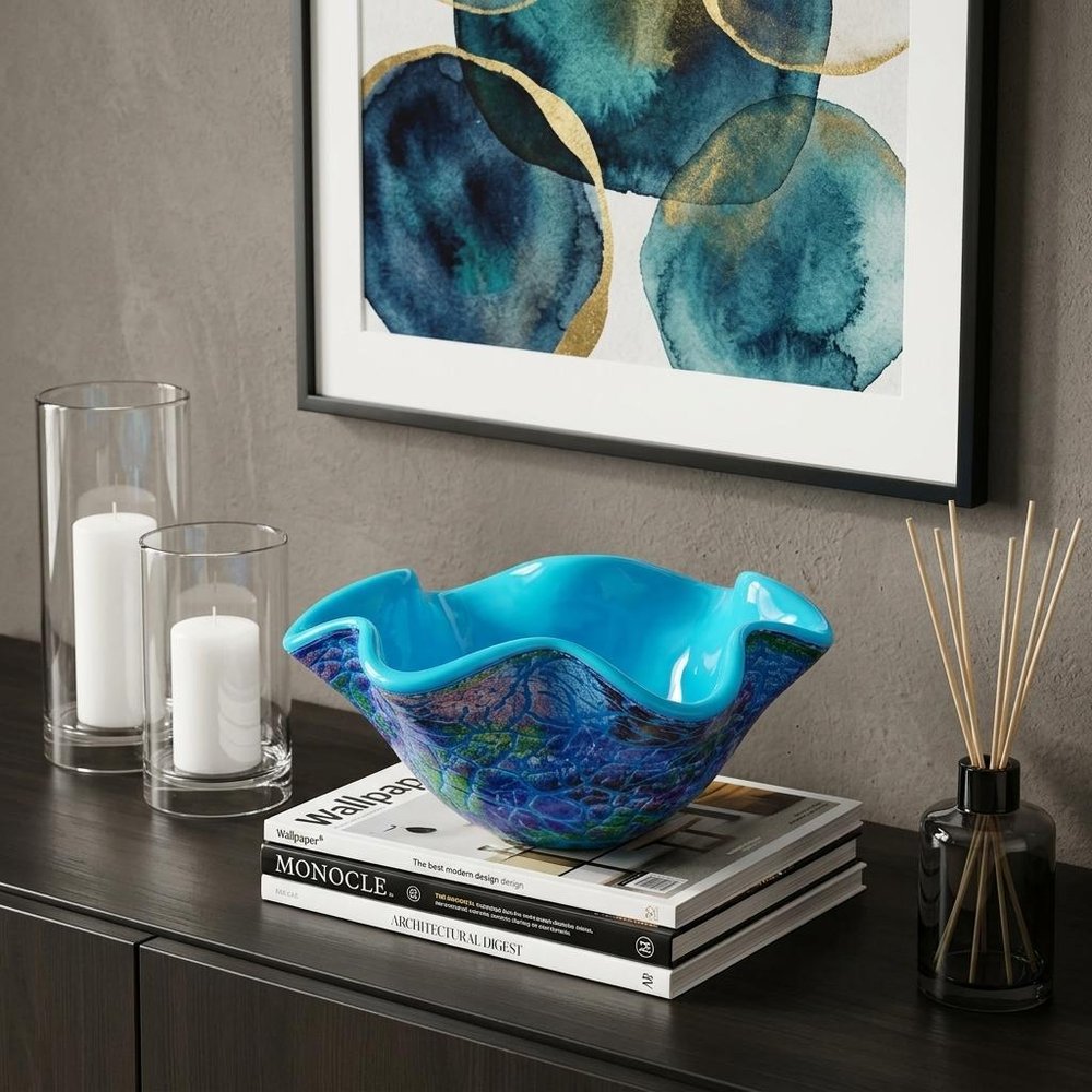9" Modern Blue And Green Glass Centerpiece Bowl in a home interior