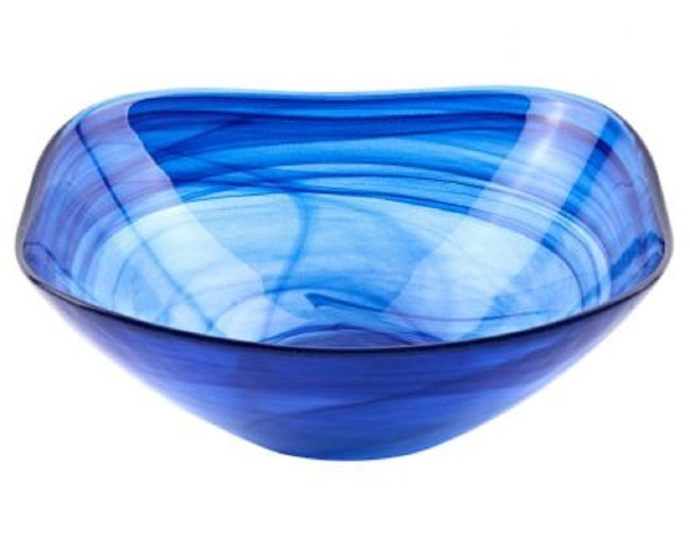 A modern soft square blue swirl glass bowl on a white background.