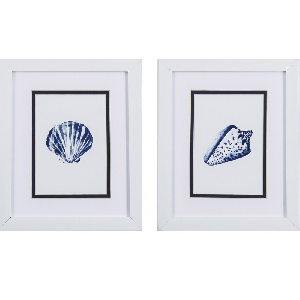 Set Of Two Blue And White Seashell Wall Art on a white background